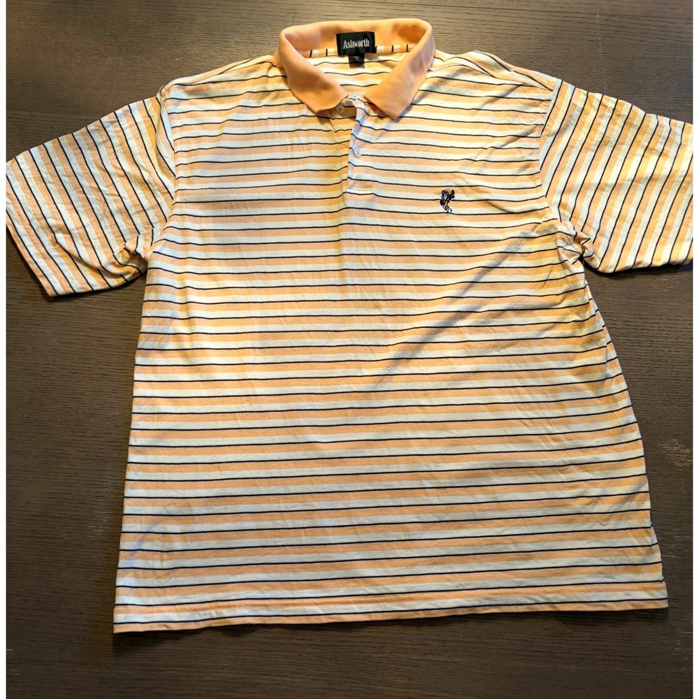 Ashworth Mens Golf Polo Shirt Orange White Navy Blue Striped Cotton AM5845
